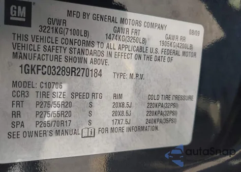 2009 GMC Yukon Denali из США, поврежденный, VIN 1GKFC03289R270184